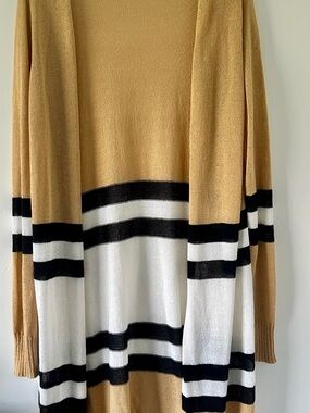 DOE & RAE Striped Open Cardigan in Camel, Black & White